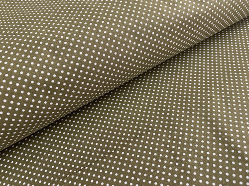Bílý puntíček na tmavě zelené / khaki - šíře 140cm