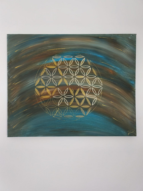 Mandala Květ života na tyrkysovo zemité vlně