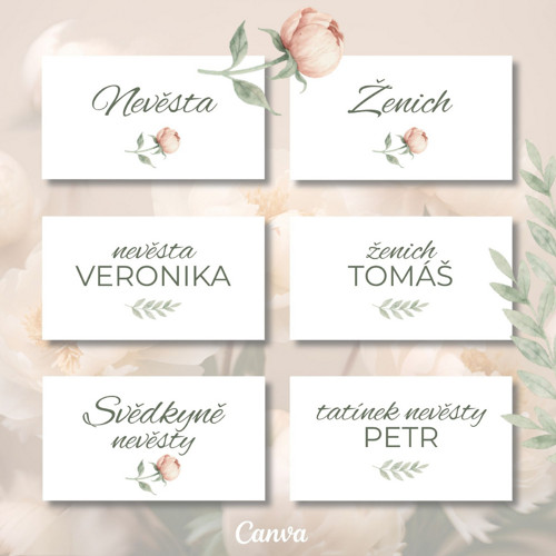 Svatební cedulky na stůl PIVOŇKA - Canva šablona