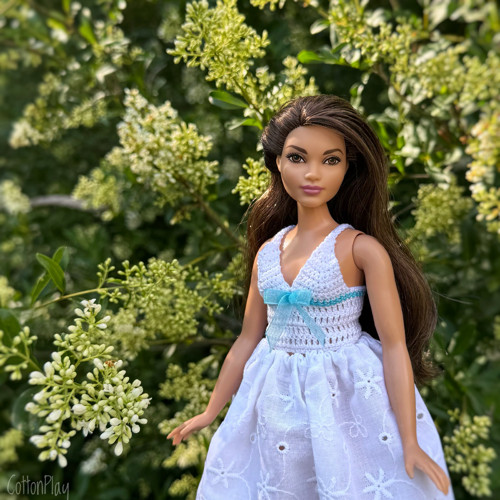 Top pro baculku Barbie (curvy) -bílý s tyrkysovou — foto 1