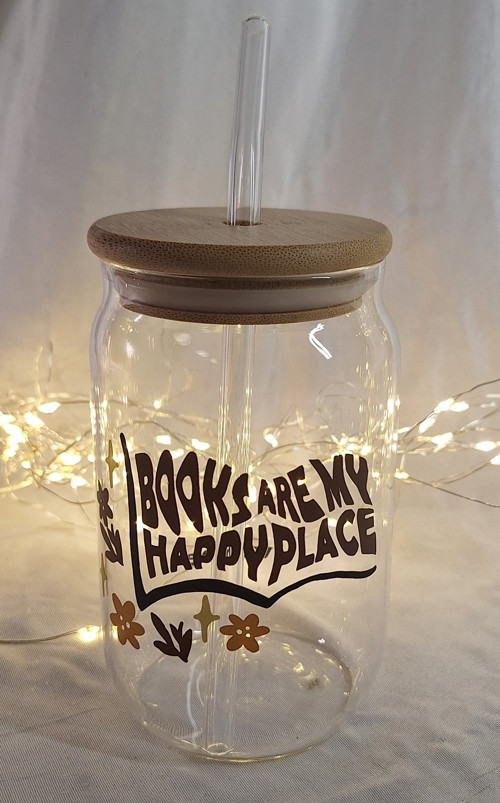 Sklenice s brčkem "Books are my happy place"
