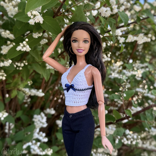Barbie - bílý háčkovaný top s tm. modrou mašličkou
