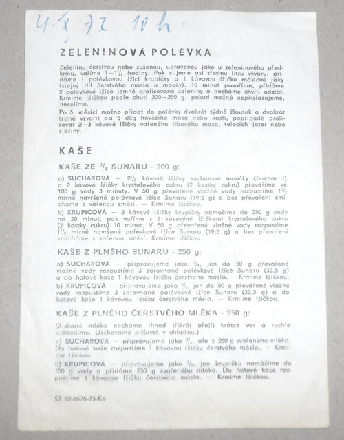 Zdravotnický info LETÁK, výživa kojenců, 1973