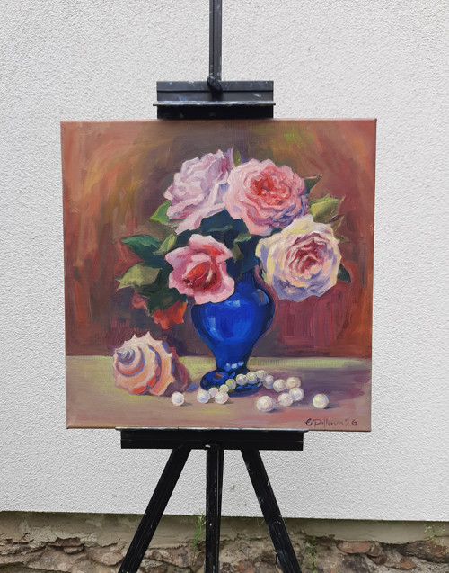 Olejobraz "Růže s perlami a mušlí" - 40x40 cm