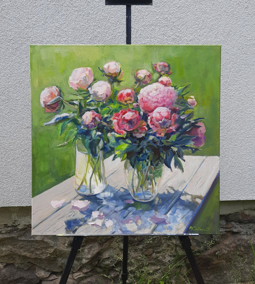 Velký olejobraz "Růžové pivoňky" - 60x60 cm