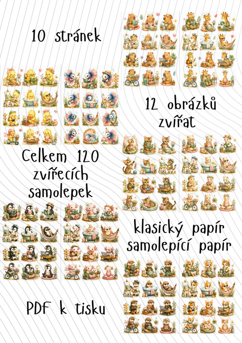Sada akvarelových samolepek – 10 archů roztomilých