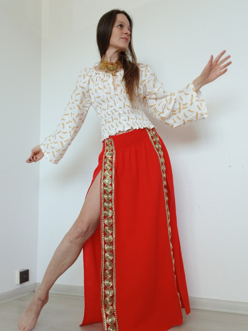 Sexy Sukně Boho Červená Se Zlatou Výšivkou
