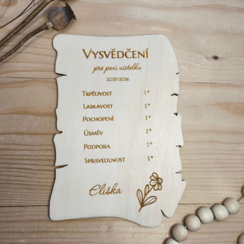 Dřevěné vysvědčení pro paní učitelku pergamen
