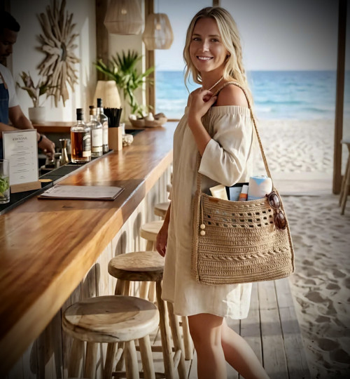 Háčkovaná jutová univerzální taška v boho stylu
