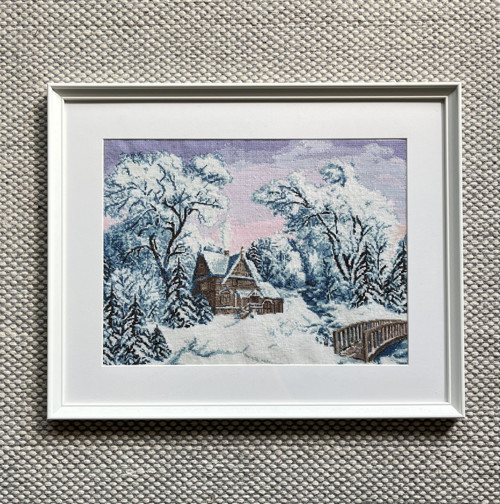 Ručně vyšívaný obraz Zimní krajina 40x50 cm