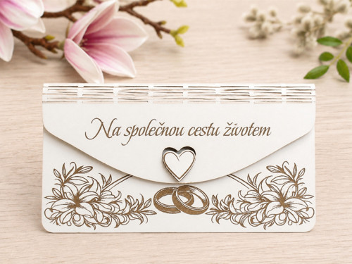 Obálka na peníze svatební - prstýnky s květy