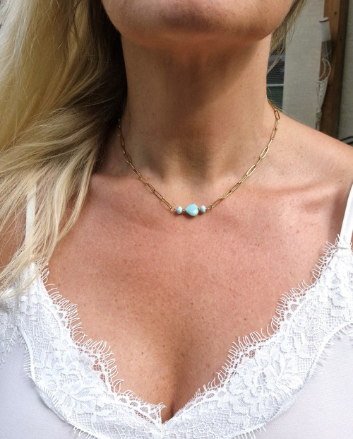Larimar*srdce*rondelky*náhrdelník*ocel pozlacená