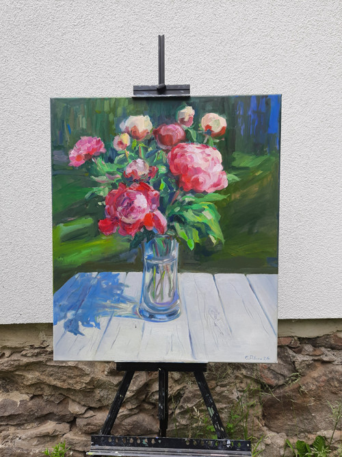 Velký olejobraz "Pivoňky na slunci" - 60x70 cm