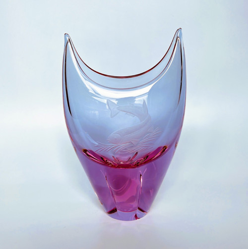 Váza s rytinou 18.5 cm hutní sklo Miloslav Klinger