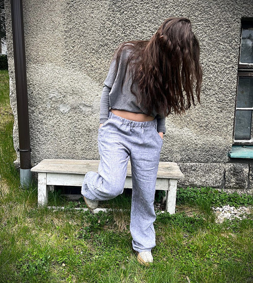 Lněné kalhoty melange světlé