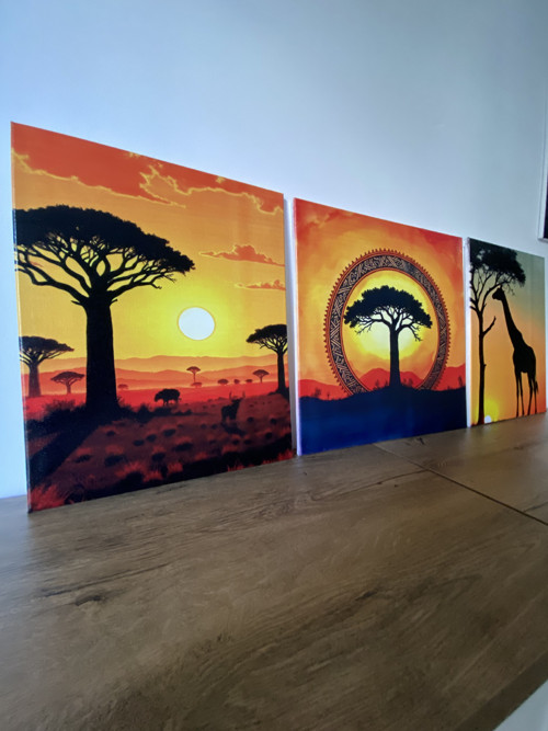 Set 3 obrazů na plátně. Africký západ slunce.