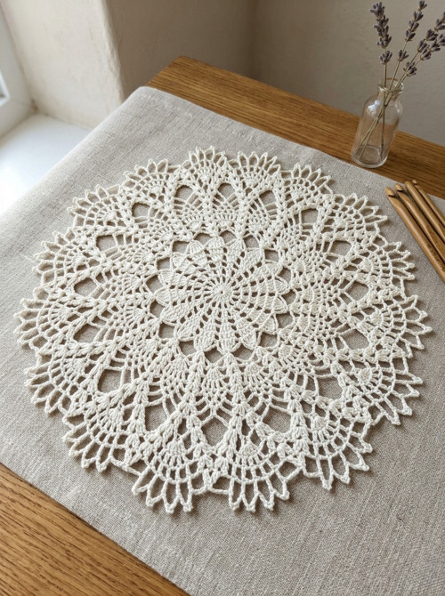 Ecru háčkovaná krajková dečka, průměr 24cm.