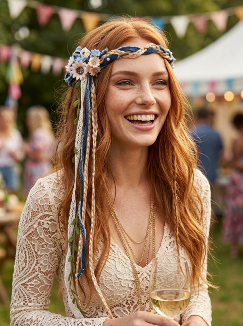 Džínový věneček do vlasů, boho styl s copánky