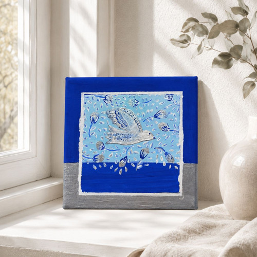 Originální malba 'Silver Dove I' | akryl | 15×15cm