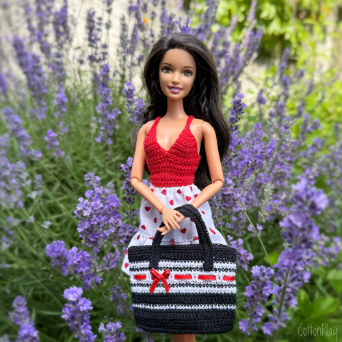 Plážová taška pro Barbie - černobílá s mašličkou