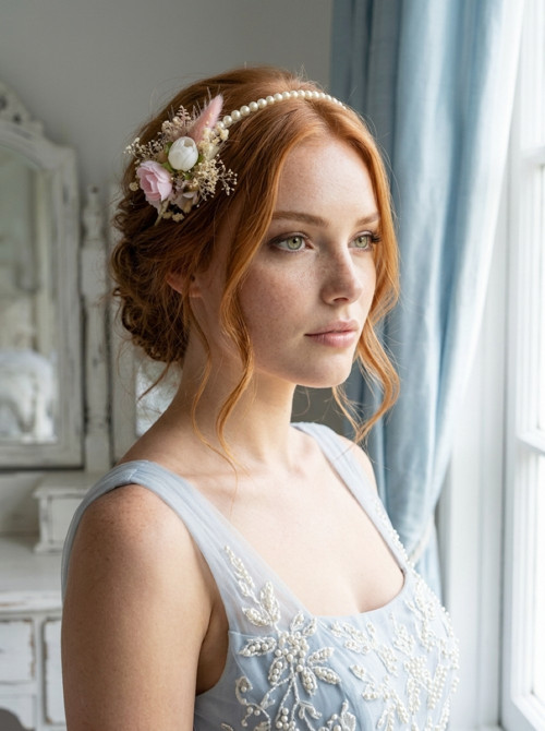 Svatební čelenka do vlasů s květy v boho stylu
