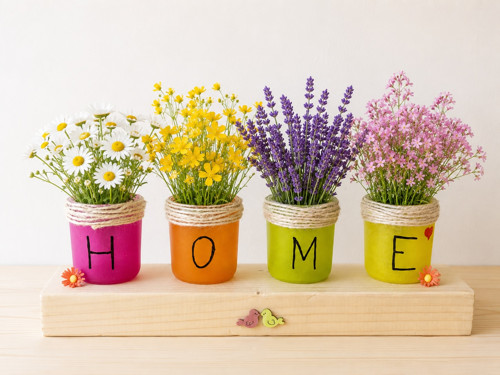 Dřevěná dekorace HOME s barevnými skleničkami