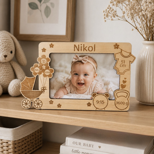 Fotorámeček se jménem a údaji o narození - kočárek