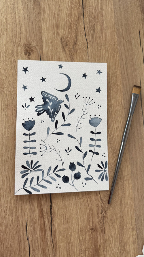 Ptáček v modré - akvarel, ilustrace A5