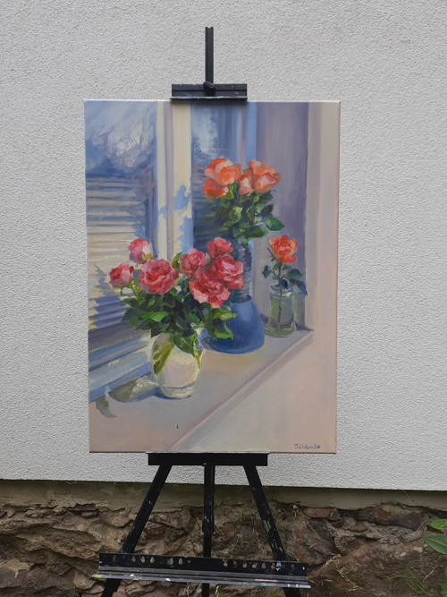 Romantický olejobraz "Růže na okně II" - 50x70 cm