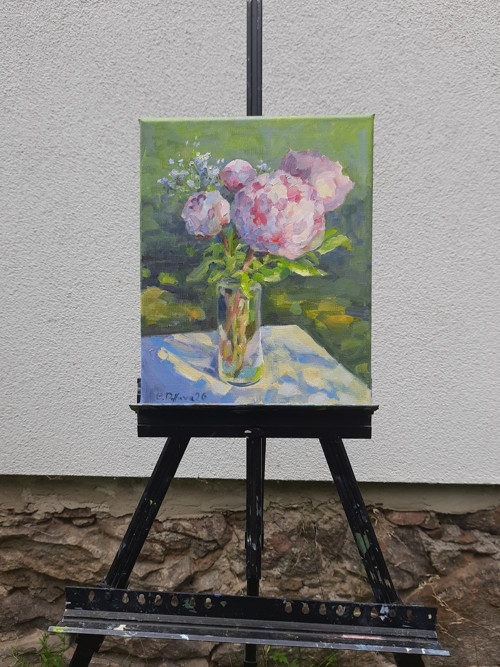 Olejobraz "Pivoňky v zahradě" - 24x30 cm