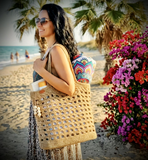 Háčkovaná jutová plážová taška v boho stylu