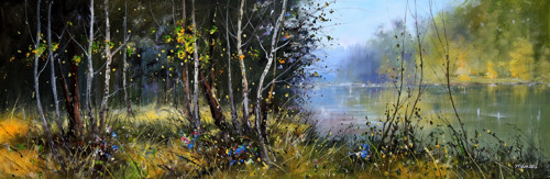 Lesní jezírko - orig.akryl panorama 120x40 cm