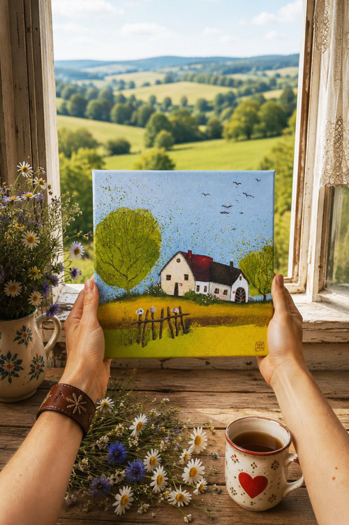 Originální obraz: Vesnička česká - 20x20cm — foto 1
