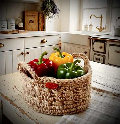 Háčkovaný jutový košík-boho ošatka — foto 1