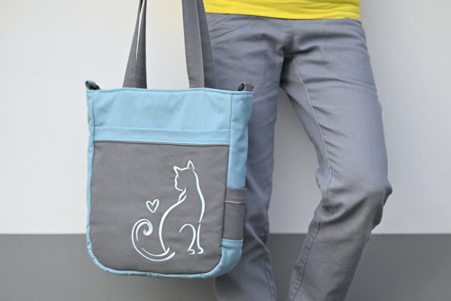 Dámská kabelka/crossbody taška šedá-modrá s kočkou