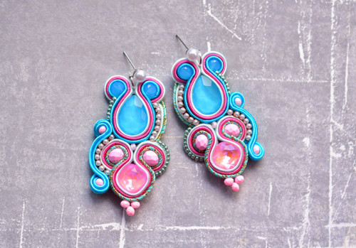 Soutache náušnice modro-ružové