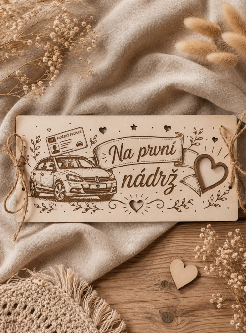 Dřevěná obálka na peníze / voucher - Auto