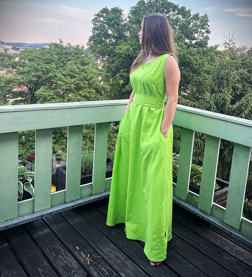 Lněné šaty Jarní zelené oversize s páskem