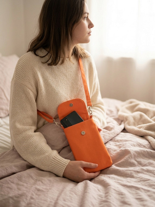 Oranžová crossbody kabelka na telefon z kočárkovin