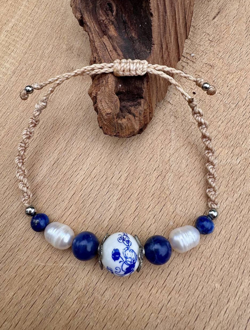 Náramok riečna perla/ sodalit/ lapis lazuli/koralk