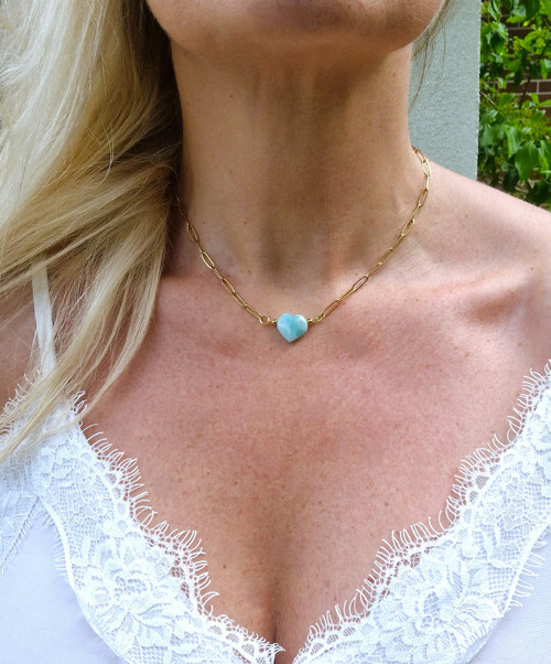 Larimar*srdce*náhrdelník*ocel pozlacená