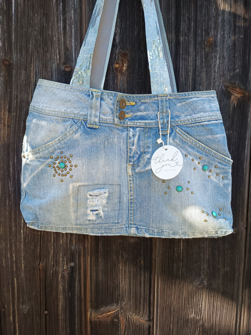 Denim taška tyrkys korálek