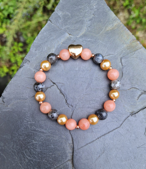 Srdce*rose gold ocel*labradorit*rodochrozit*perly — foto 1