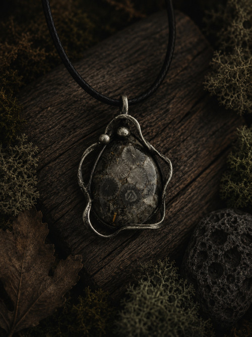 Přívěsek s fosilním korálem | Cínovaný amulet