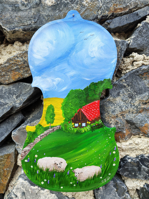 „Babiččina chaloupka“ originální obraz, housličky