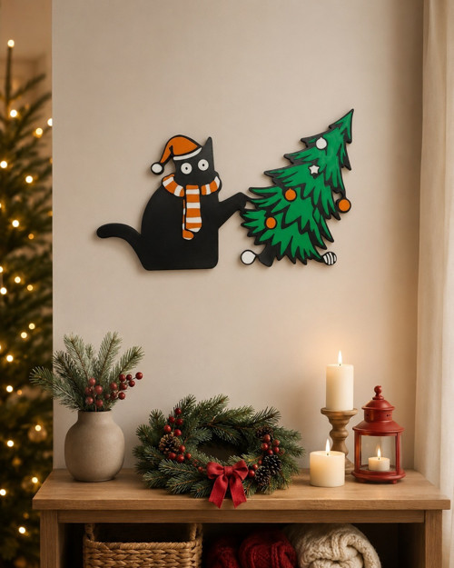 Vánoční nástěnná dekorace Kočka se stromečkem