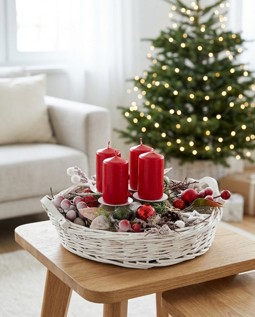 Adventní svícen v bílém košíku se 4 svíčkami