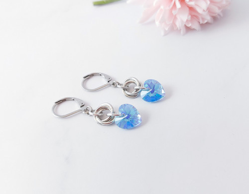 Náušničky Swarovski srdíčka blankytná