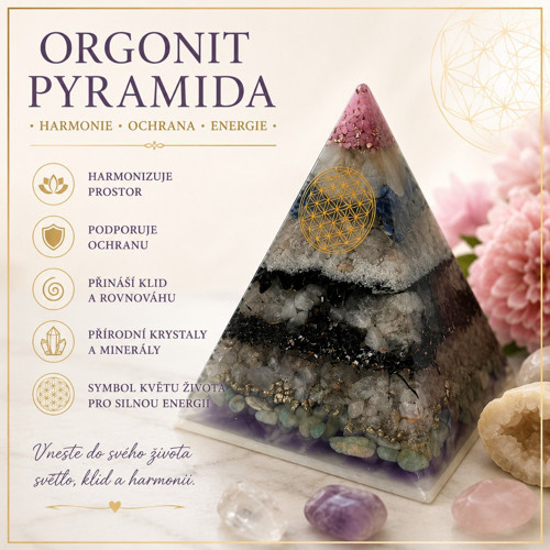 Orgonitová pyramida – Křišťál, avanturín