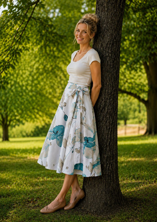 Kolová Zavinovací Sukně Midi - Akvarelové Květy